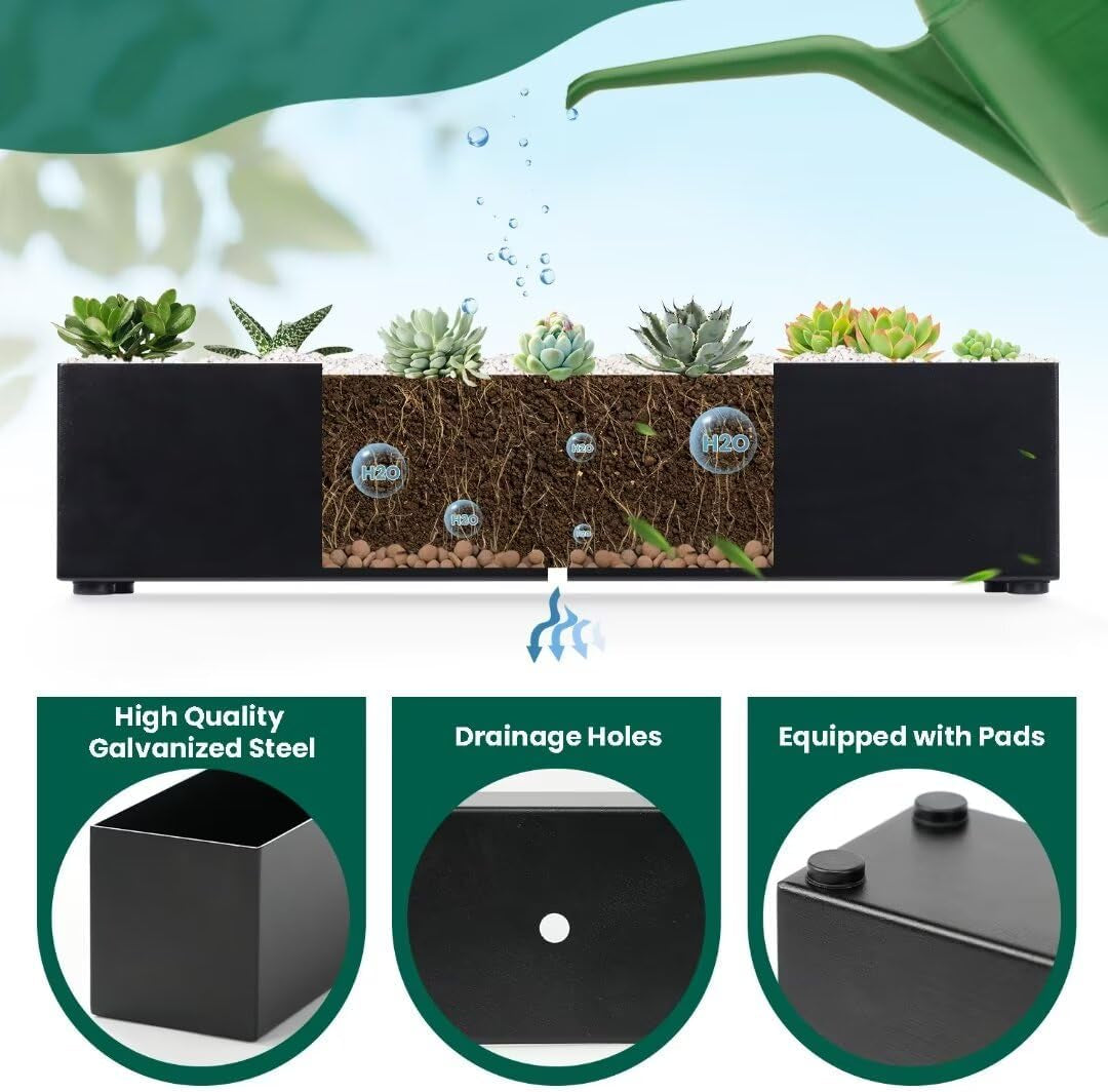 Trough Rectangle Planter Window Sill Planter Box Long Window Planters Modern Galvanized Steel Succulent Planter Black Metal Windowsill Pot 16 in for Indoor Plants Herb Table Home Outdoor