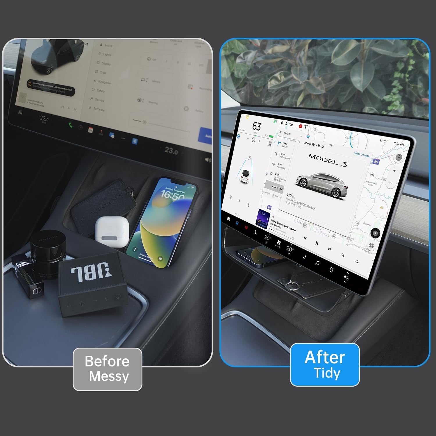 Center Console Organizer Tray for Tesla Model Y Accessories 2024-2020 Model 3 2023-2016, Magnetic under Screen Storage Box behind Screen Tray, Dashboard Organizer Tissue Holder, Easy Install