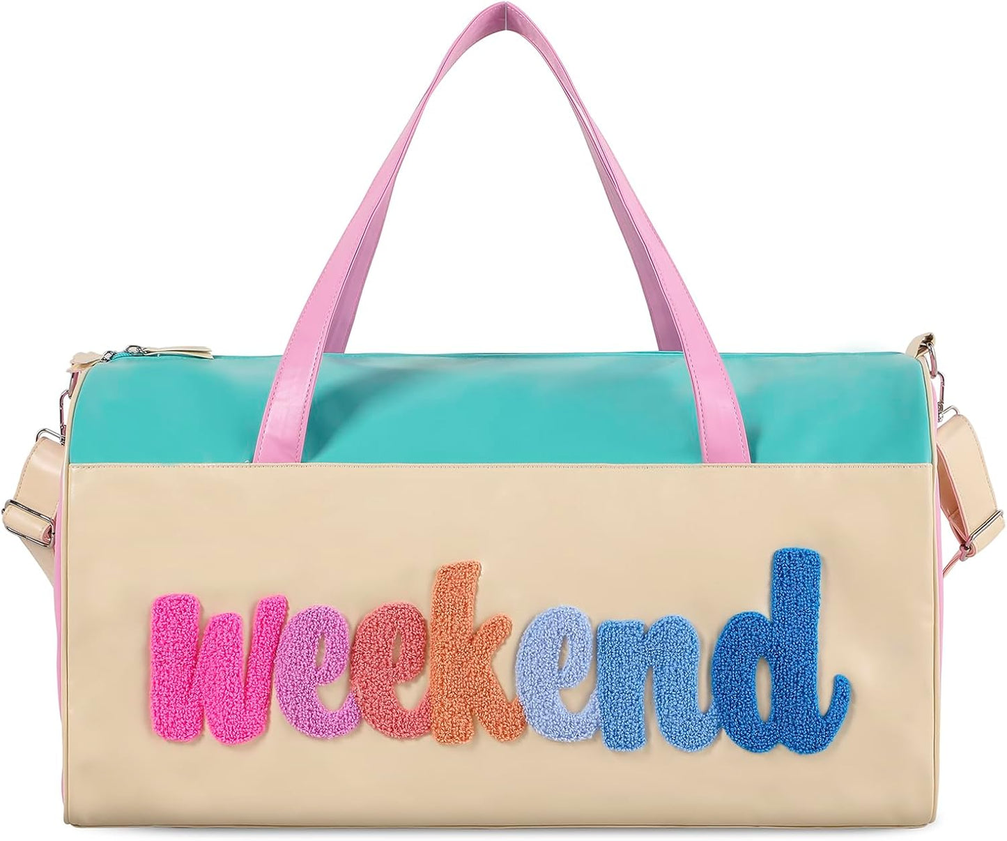 Chenille Letter Travel Duffle Bag Large PU Leather Weekender Overnight Bag for Women Carry on Bags Travel Tote（Weekender）