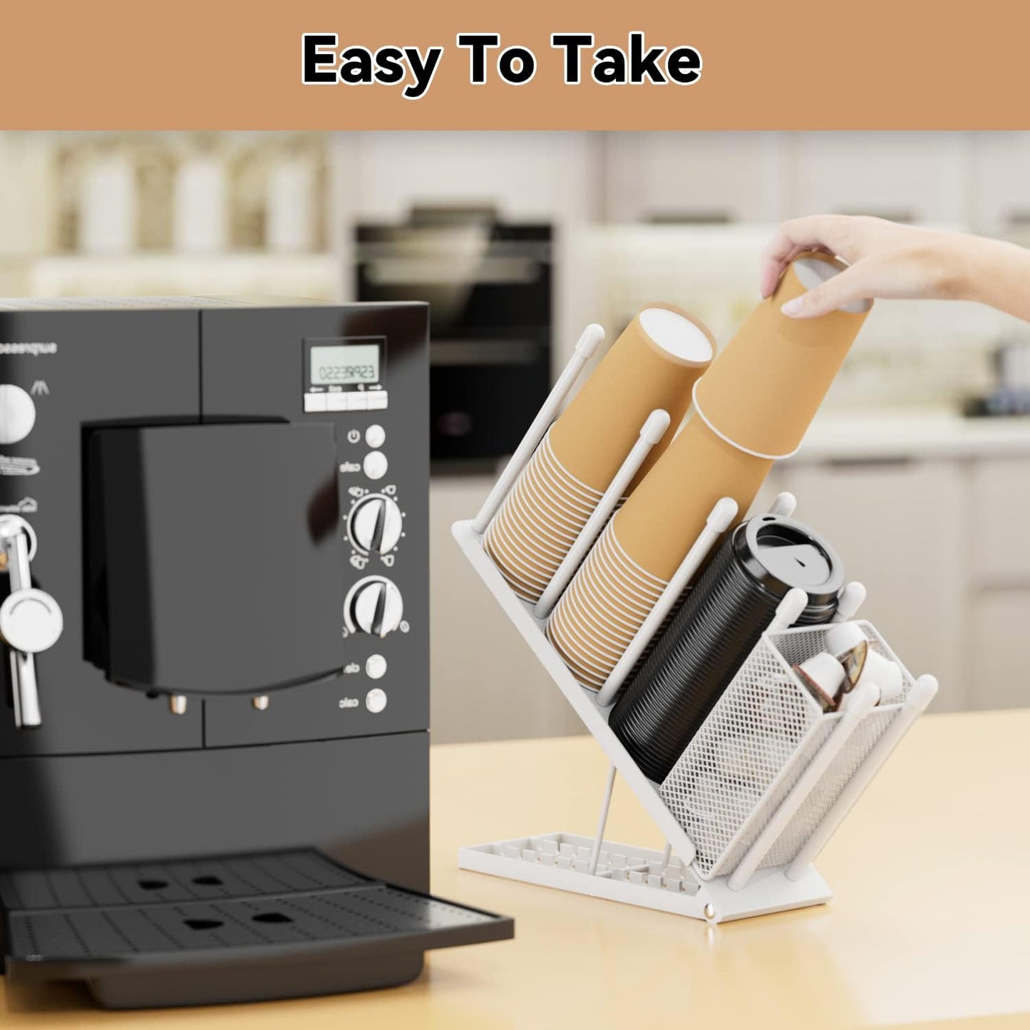 Cup and Lid Holder - Adjustable Coffee Cup Holder Organizer 4 Compartment Disposable Cup Dispenser with Mesh Basket for Coffee Pod Straw Storage Metal (White)