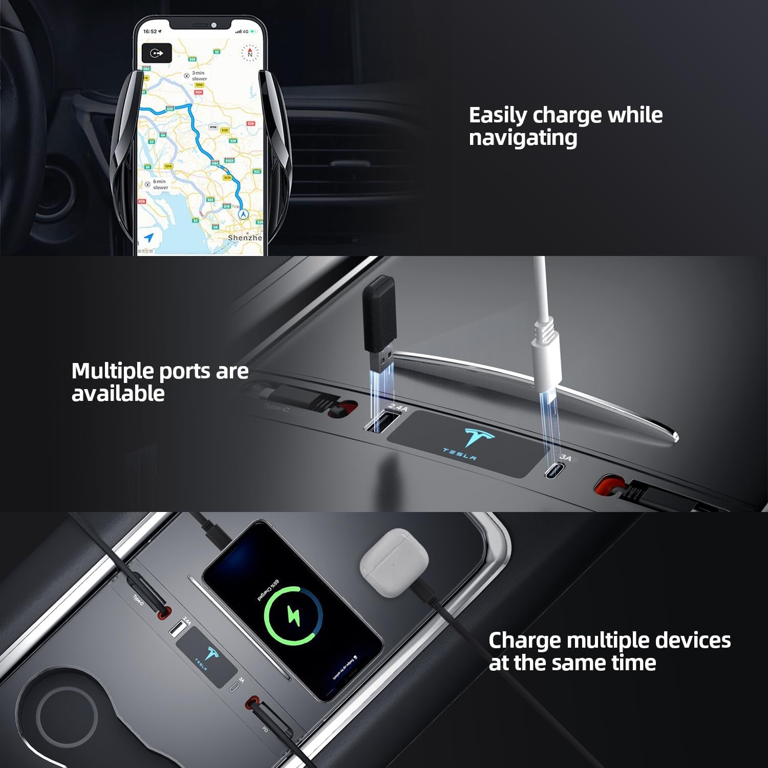 Tesla USB Hub for 2021 2022 Tesla Model 3 Model Y, Retractable Hub Docking Station with Fast Charging Cable Multi Port,Tesla Accessories Docking Station of Center Console for Model 3/Y