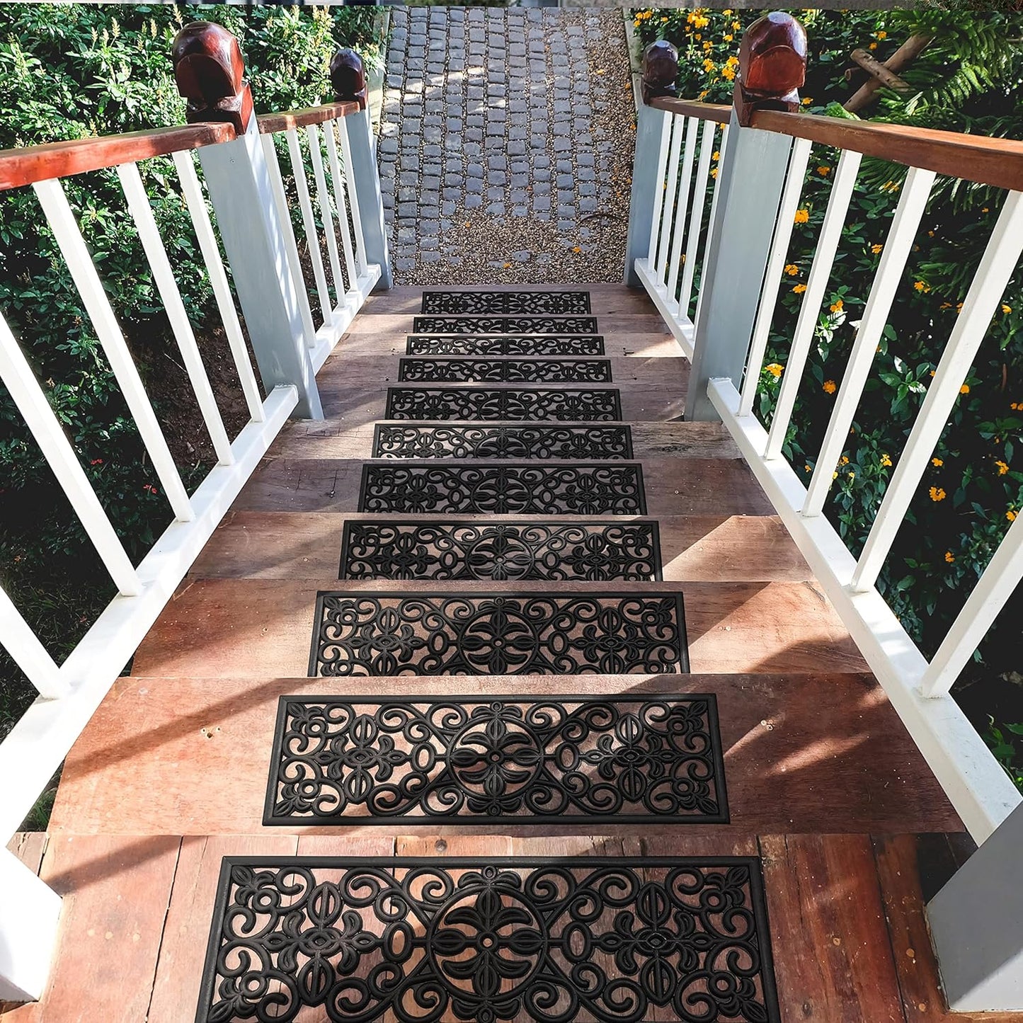 Indoor/Outdoor Hose-Wash Iron Wrought Design Non-Slip Rubber 10" X 30" Modern Stair Treads for Stairs, Garage, Patio, 5 Pack, Black Floral