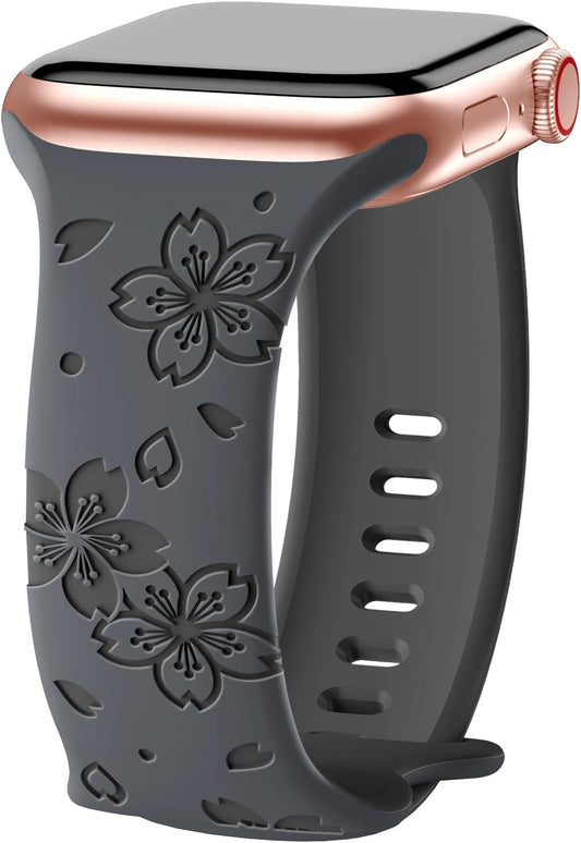 Designer Floral Engraved Band Compatible with Apple Watch Bands 40Mm 38Mm 41Mm 42/45/49Mm,Two-Tone Flower Soft Silicone Sport Strap for Iwatch Series 9 Ultra SE 8 7 6 5 4 3 2 Coal Grey