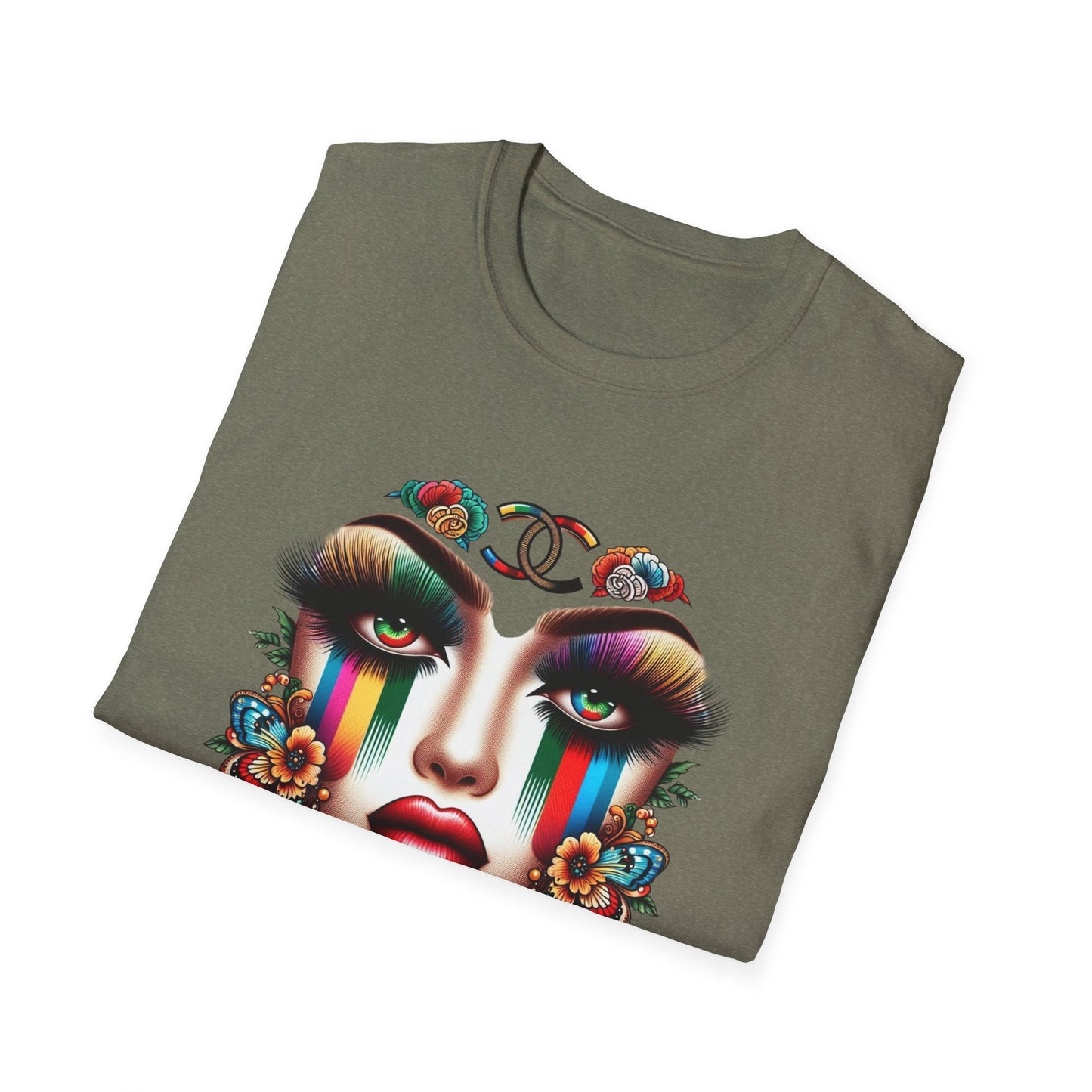 Gucci Inspired Vibrant Art Face Unisex Softstyle T-Shirt - Colorful Floral Design