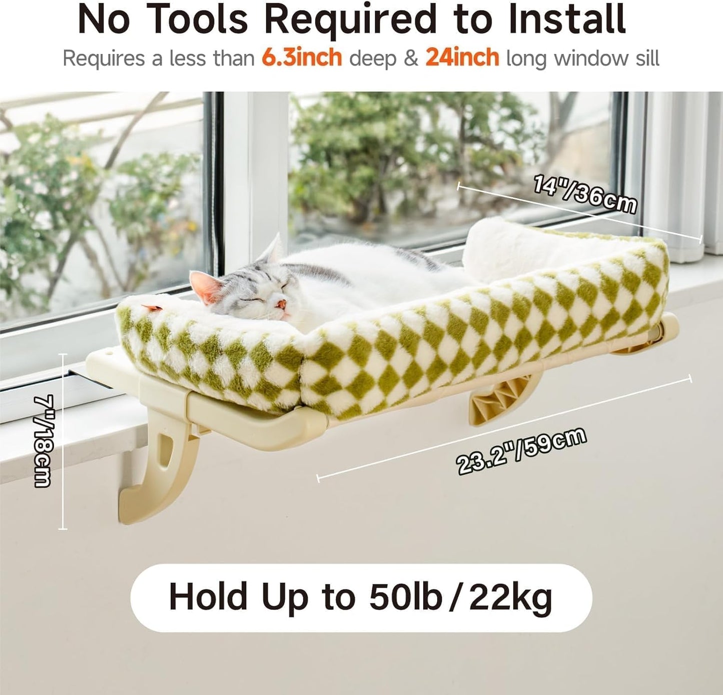 Cat Window Sill Perch for Indoor Cats, One-Step Sliding Clamping Slot Adjustment Cat Window Hammock with Removable Covers, Cat Bed for Windowsill & Bedside (Green, Large)