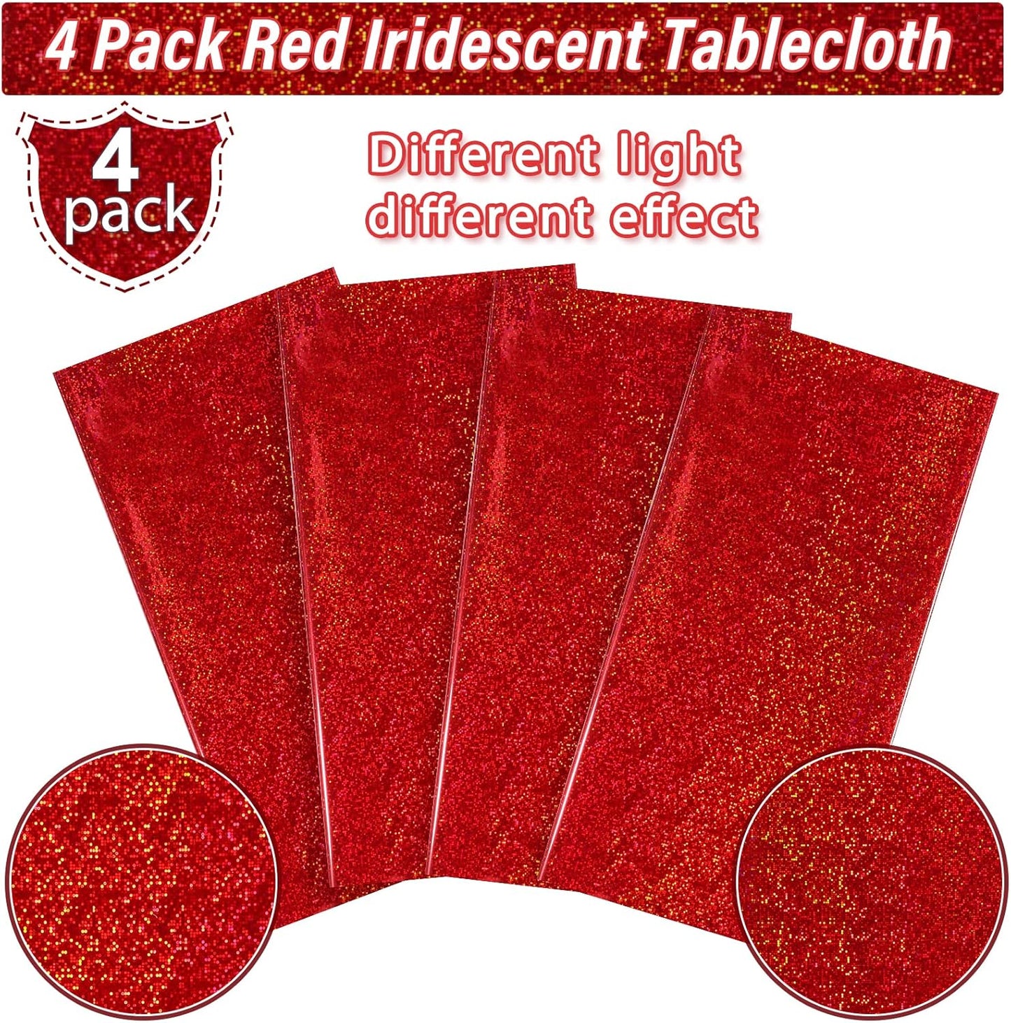 4 Pack Iridescence Red Plastic Tablecloths Shiny Disposable Laser Rectangle Table Covers Holographic Foil Tablecloth Iridescent Party Decoration Birthday Bridal Wedding Christmas 54" X 108"(Red)