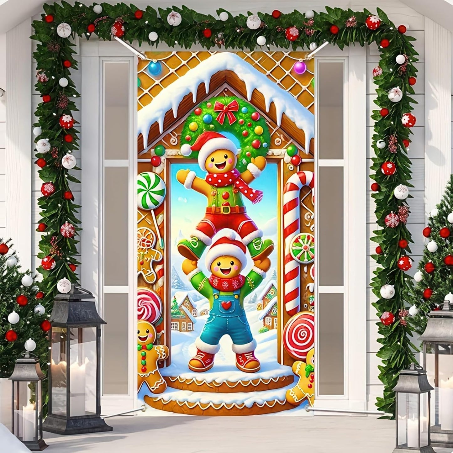 Christmas Door Cover Decorations Gingerbread House Door Cover Gingerbread Man Christmas Door Backdrop Banner Door Hanging Banner for Christmas Winter Party Holiday Supplies 35 X 71 In