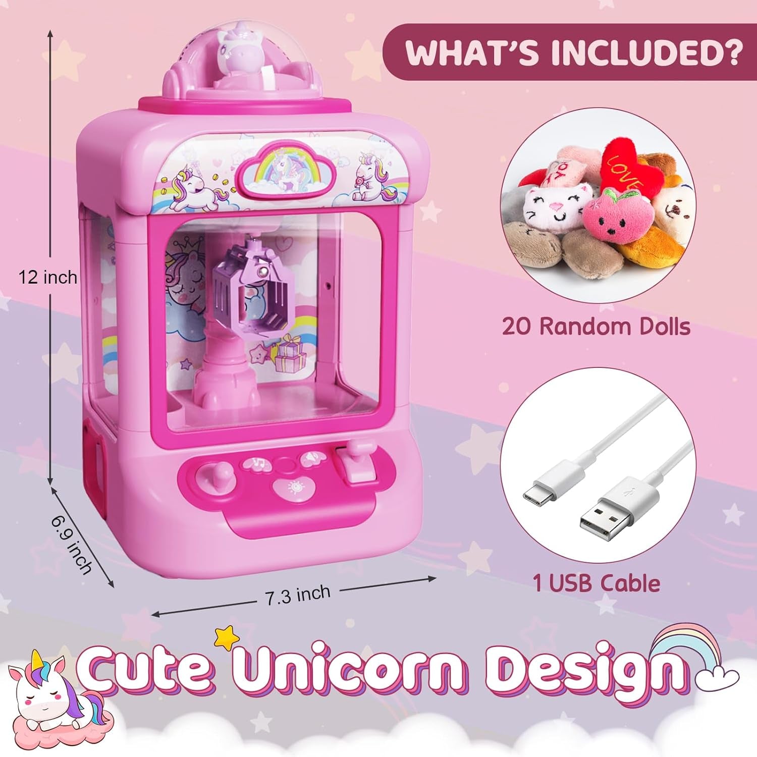Claw Machine for Kids, Mini Vending Machine Girls Unicorn Toys, Candy Grabber Prize Dispenser with Sound & 20 Mini Plush Toys, Electronic Arcade Game Indoor Toy for Home Party Birthday Gifts ZOUSA
