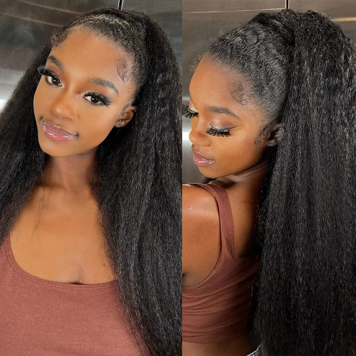 14 16 18 Kinky Straight Bundles Human Hair Yaki Straight Human Hair 3 Bundles 100% Unprocessed Brazilian Virgin Remy Hair Yaki Straight Bundles for Black Women Natural Black Color