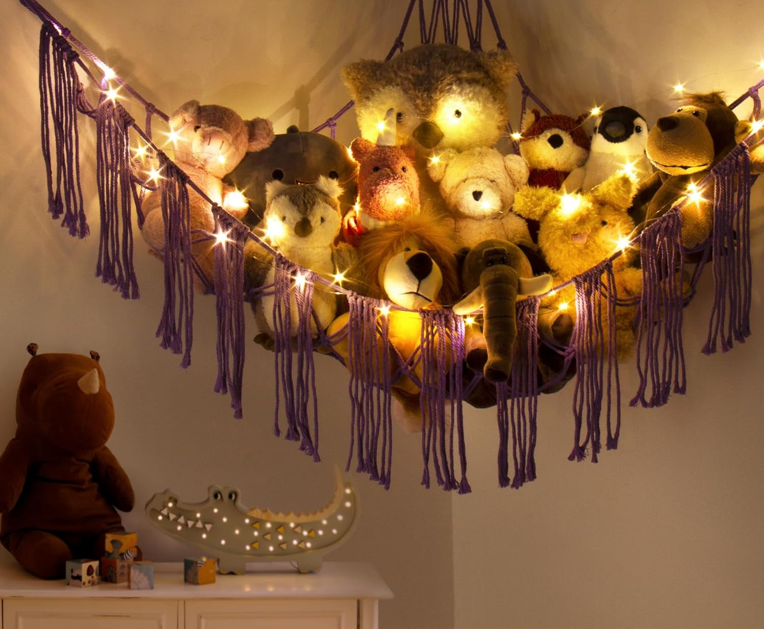 Stuffed Animal Hammock Corner with LED Light - Toy Storage Hammock Plushie Net Organizer - Teddy Bear Stuffy Hammock - Purple Nursery Decor Baby Kids Bedroom Nursery Furniture