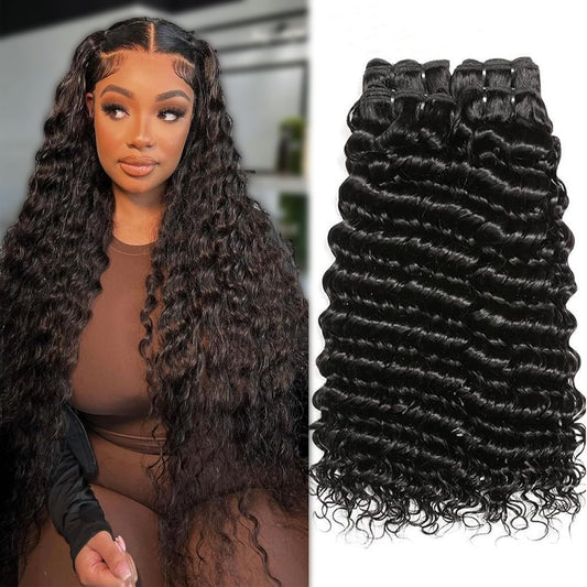 Deep Wave Human Hair Bundles 4 Bundles 16 18 20 22 Inch Curly Bundles Human Hair 100% Unprocessed Virgin Hair Water Wave Bundles Wet and Wavy Bundles Double Weft Thick and Full Natural Black