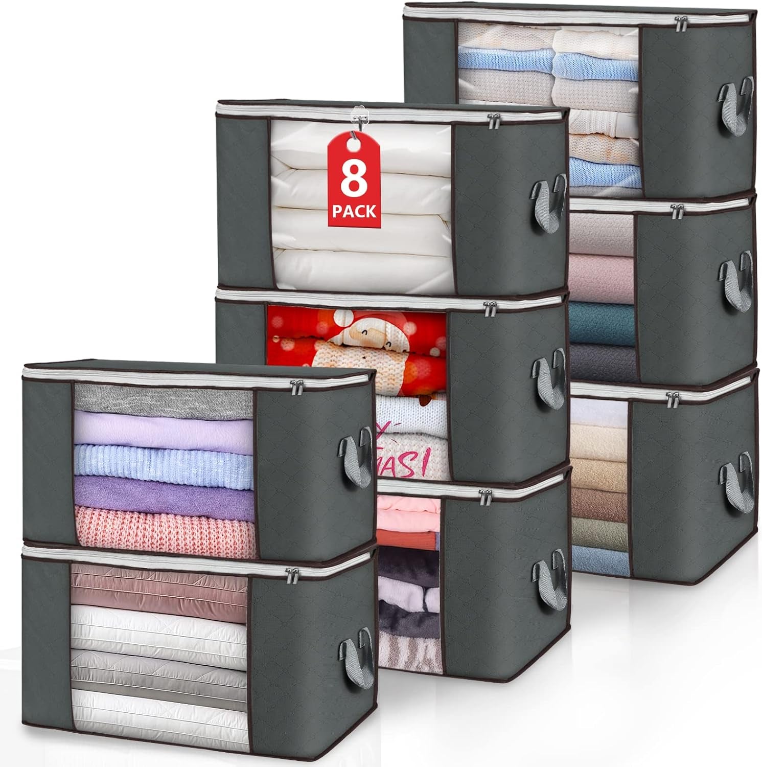 90 L Large Storage Bags, 6 Pack Clothes Storage Bins Foldable Closet Organizers Storage Containers with Reinforced Handle for Clothing, Blanket, Comforters, Bed Sheets, Pillows and Toys (Gray)