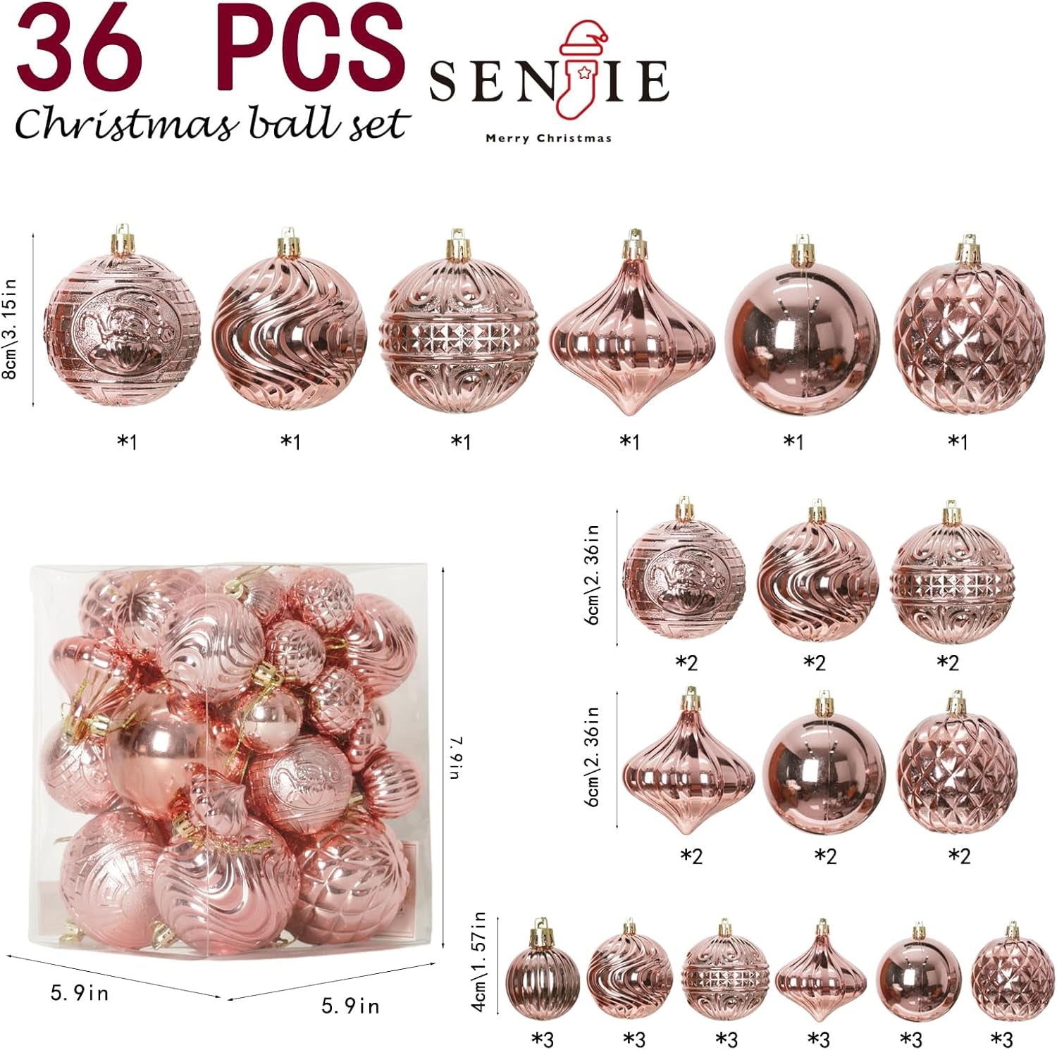 Christmas Ornaments Set with 36Pcs Shatterproof Christmas Tree Decorations Multi-Size Christmas Ball Ornaments with 7 Styles Rose Gold