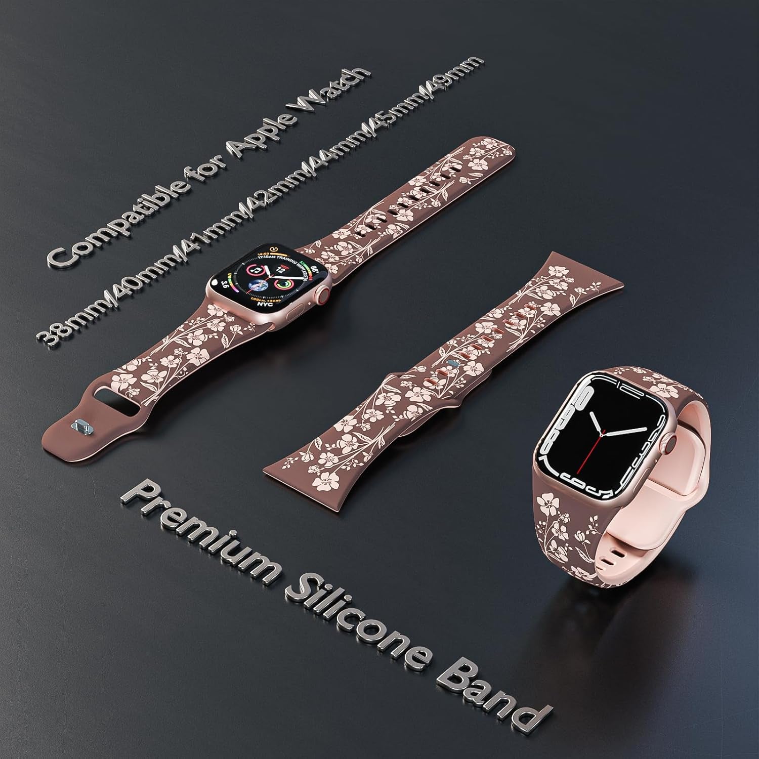 Floral Engraved Silicone Bands Compatible with Apple Watch Band 38Mm 40Mm 41Mm 42Mm 44Mm 45Mm 49Mm for Women, Two-Tone Flower Sport Soft Strap for Iwatch Series 9/Ultra/8/7/Se/6/5/4/3/2/1