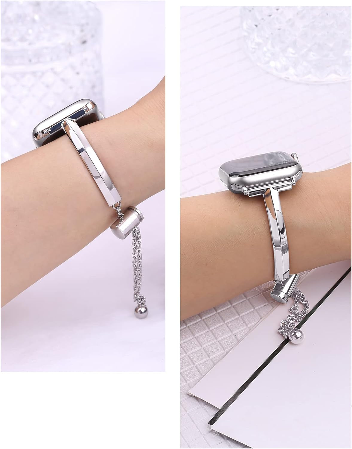 Stainless Steel Band Compatible with Apple Watch Band 38Mm 40Mm 41Mm 42Mm 44Mm 45Mm Iwatch SE Series 9 8 7 6 5 4 3 2 1, Slim Versatile Bangle Bracelet for Women