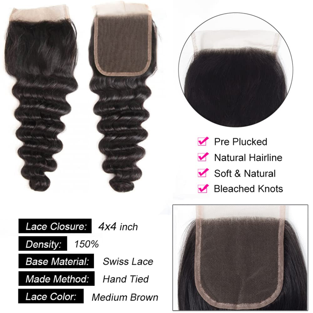Brazilian Hair Loose Deep Wave Bundles with Closure Human Hair Loose Deep Curly Bundles with Lace Closure 12A Human Hair 3 Bundles with 4×4 Lace Closure Human Hair Natural Color (10 12 14+10)