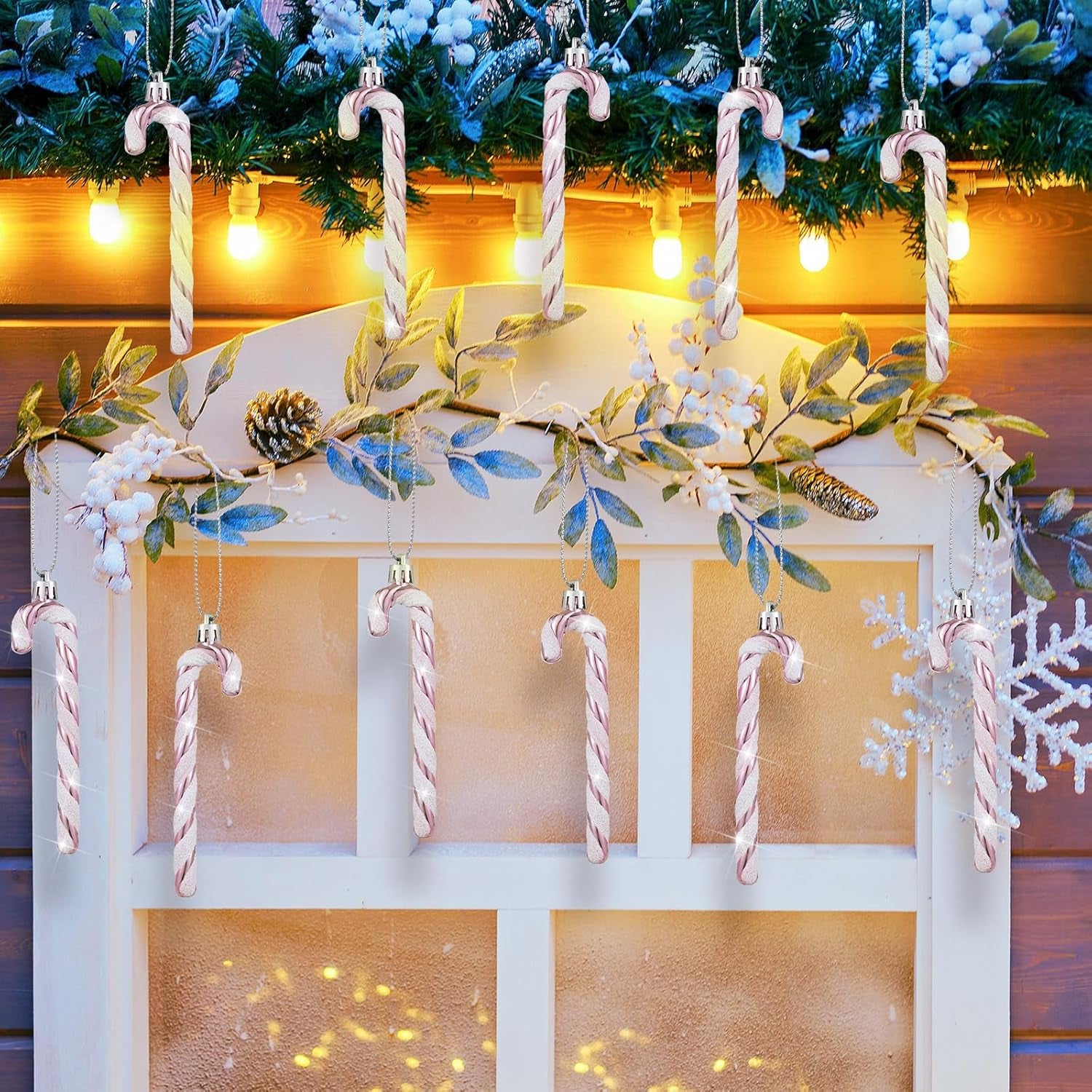 Christmas Candy Canes Ornaments Plastic Glitter Candy Cane Christmas Tree Hanging Decorations for Holiday Party Favors (Pink and White,36Pcs)