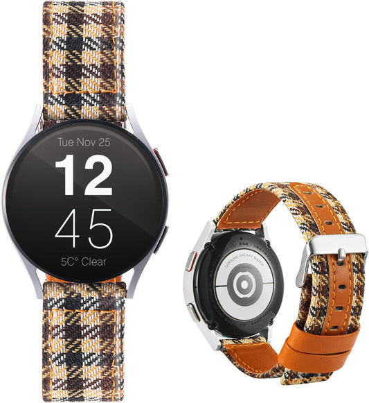 Leather Band for Galaxy Watch 4 44/40Mm, Canvas Plaid plus Leather Lining Band Samsung Galaxy Watch 4 Classic(42/46Mm)/Active 2(40/44Mm)/Galaxy Watch 3 41Mm Band for Women