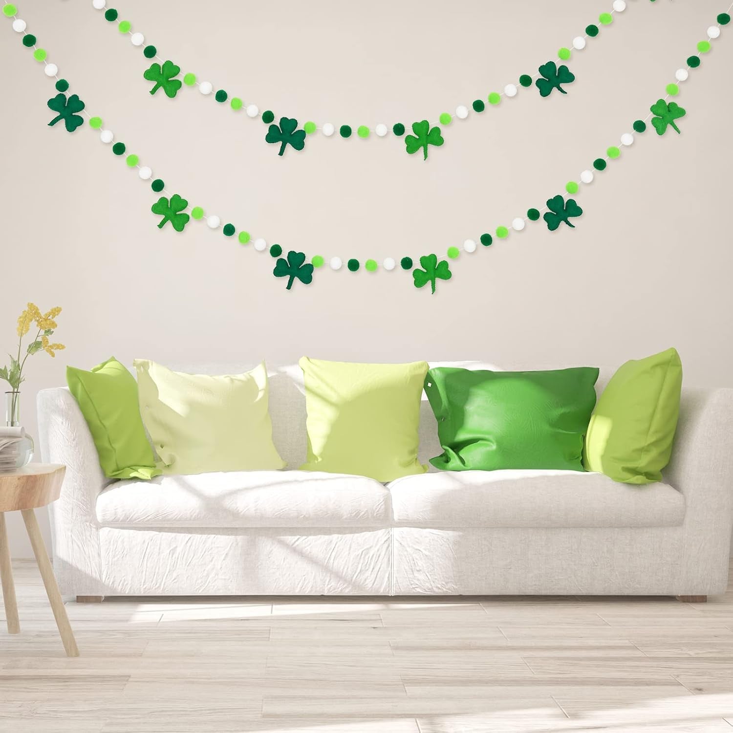 8.2Ft St. Patrick'S Day Felt Pom Pom Banner Lucky Shamrock Garland Green White Pom Ball Clover Decorative Irish Hanging Bunting Garland for St. Patrick'S Day Home Mantel Wall Decor