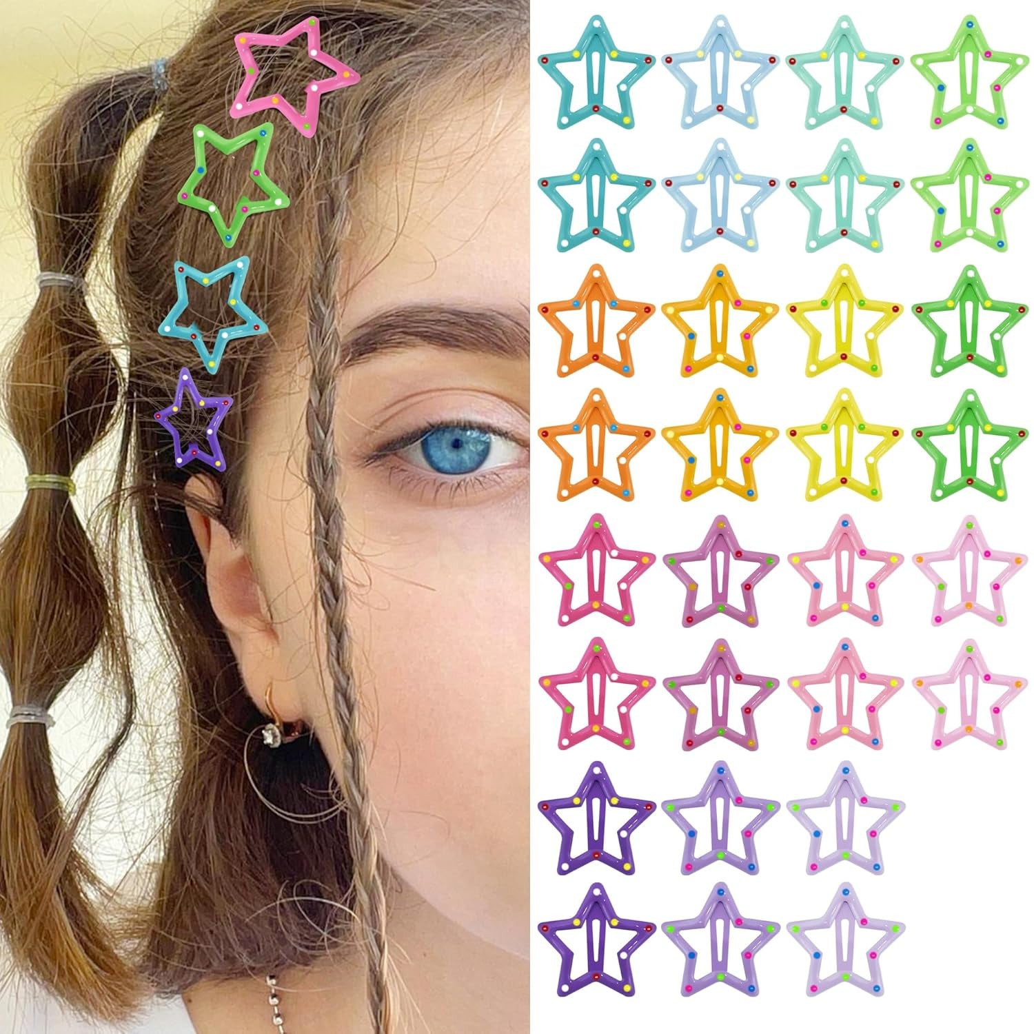 Star Hair Clips 2000S Y2K Snap Hair Barrettes Non Slip Star Hair Accessories Silver Metal Hair Clips for Girls Women -15 PCS 1.57"