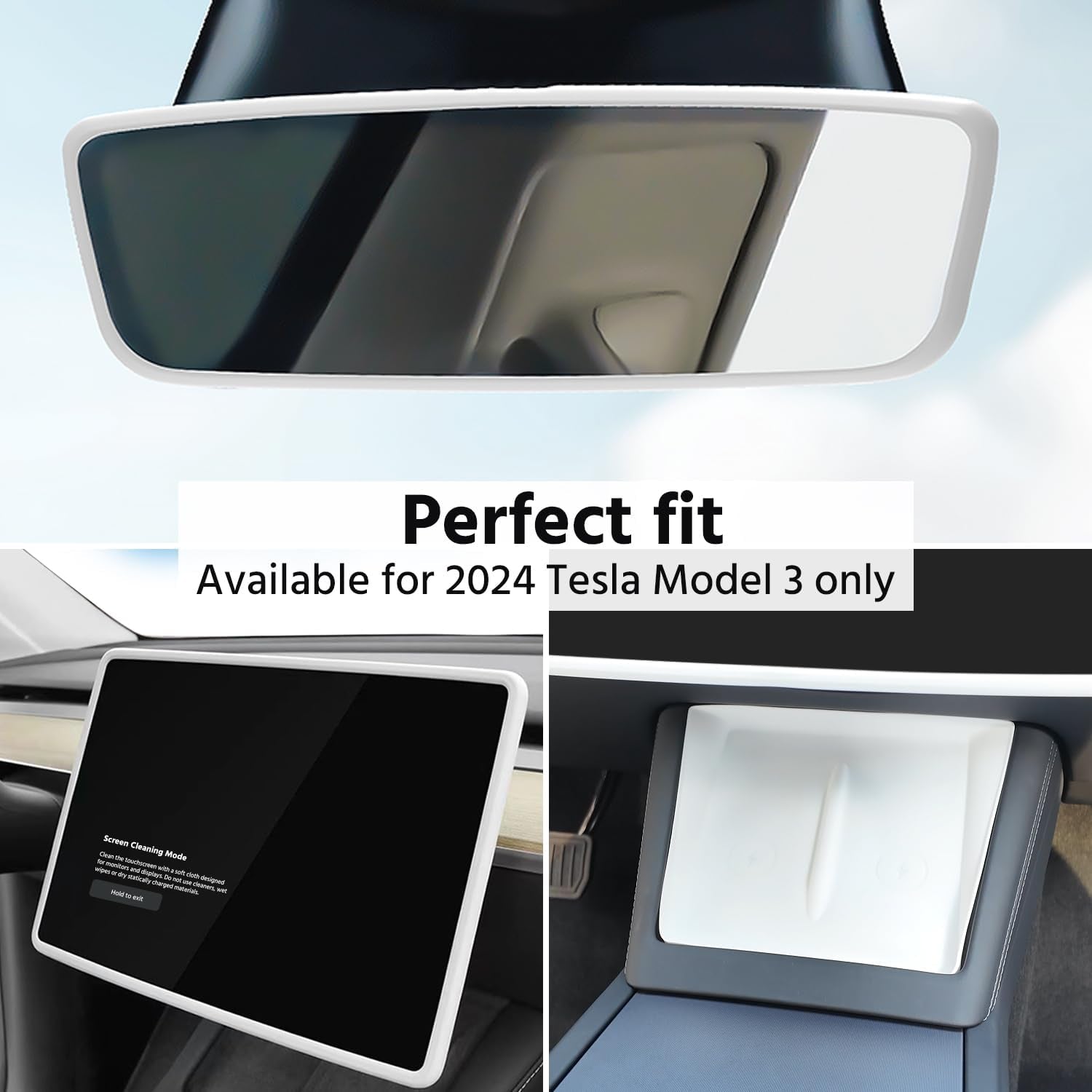 Center Console Wireless Charger Mat,Screen Frame Protector,Rearview Mirror Frame Protector, Anti-Slip Silicone Protector Compatible with 2024 Tesla Model 3 Highland Accessories(3 PCS White)