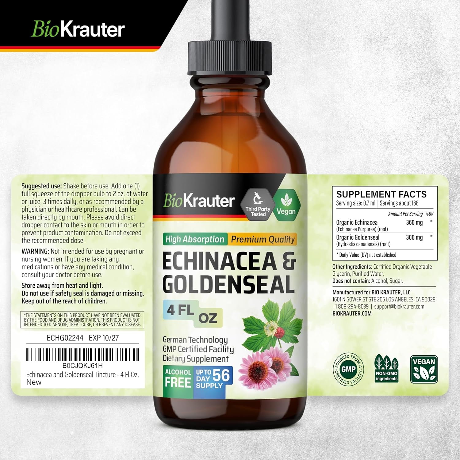 Echinacea and Goldenseal Root Liquid Extract - Natural Immune Support - Echinacea Drops with Goldenseal - Vegan, Alcohol & Sugar Free Tincture - 4 Fl.Oz. TLBH