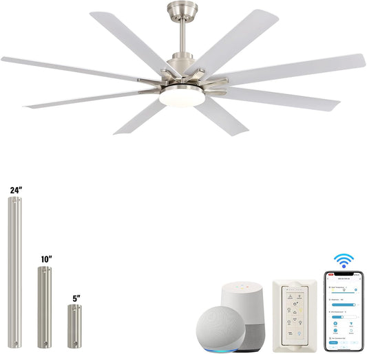 66 Inch Ceiling Fans with Lights and Remote, Indoor Outdoor Mordern Smart Ceiling Fan with Reversible Quiet DC Motor, 6 Speed, 8 Blades for Living Room Bedroom Patios Balcony (White+Sliver)
