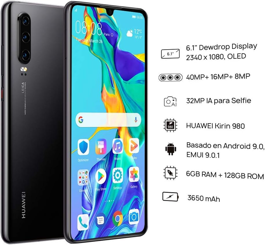P30 128GB+6GB RAM (ELE-L29) 6.1" LTE Factory Unlocked GSM Smartphone (International Version) (Black) (Renewed)