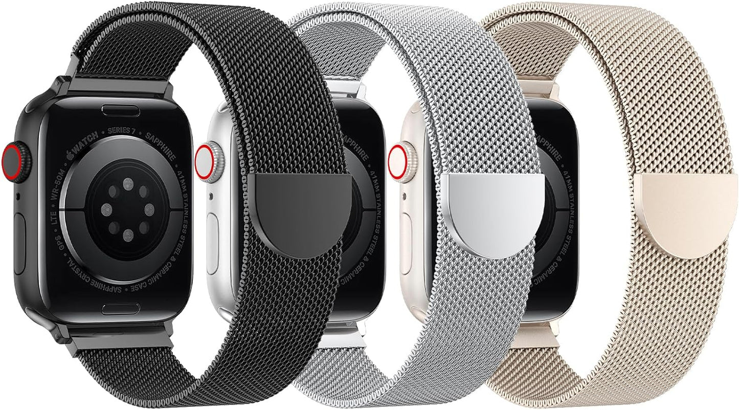 3 Pack Mesh Loop Compatible with Apple Watch Band Women Men 38Mm 40Mm 41Mm 42Mm 44Mm 45Mm 49Mm Series Ultra SE 9 8 7 6 5 4 3 2 1, Stainless Steel Metal Strap Magnetic Clasp for Iwatch Bands