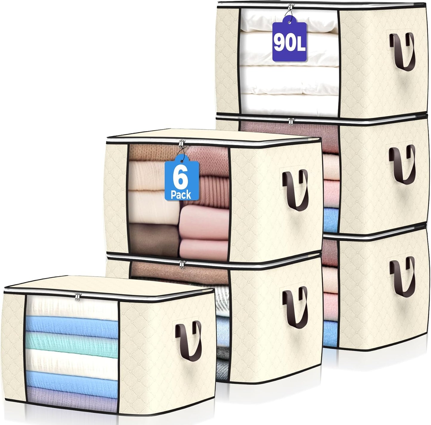 90 L Large Storage Bags, 6 Pack Clothes Storage Bins Foldable Closet Organizers Storage Containers with Reinforced Handle for Clothing, Blanket, Comforters, Bed Sheets, Pillows and Toys (Gray)