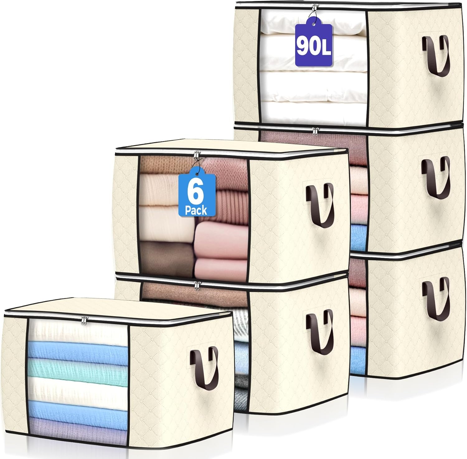 90 L Large Storage Bags, 6 Pack Clothes Storage Bins Foldable Closet Organizers Storage Containers with Reinforced Handle for Clothing, Blanket, Comforters, Bed Sheets, Pillows and Toys (Gray)