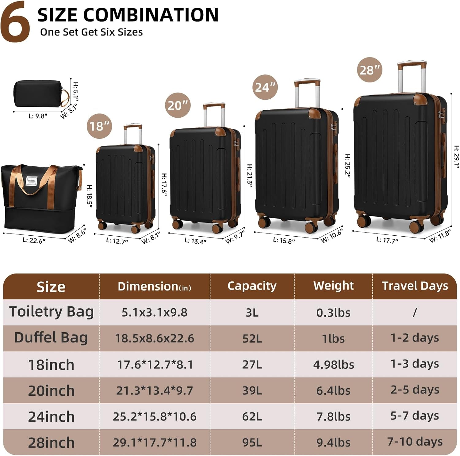 Luggage Sets 6 Piece Hardshell Expandable Suitcases with Spinner Wheels TSA Lock, Lightweight ABS Travel Carry on Suitcase Set for Women, Black Brown