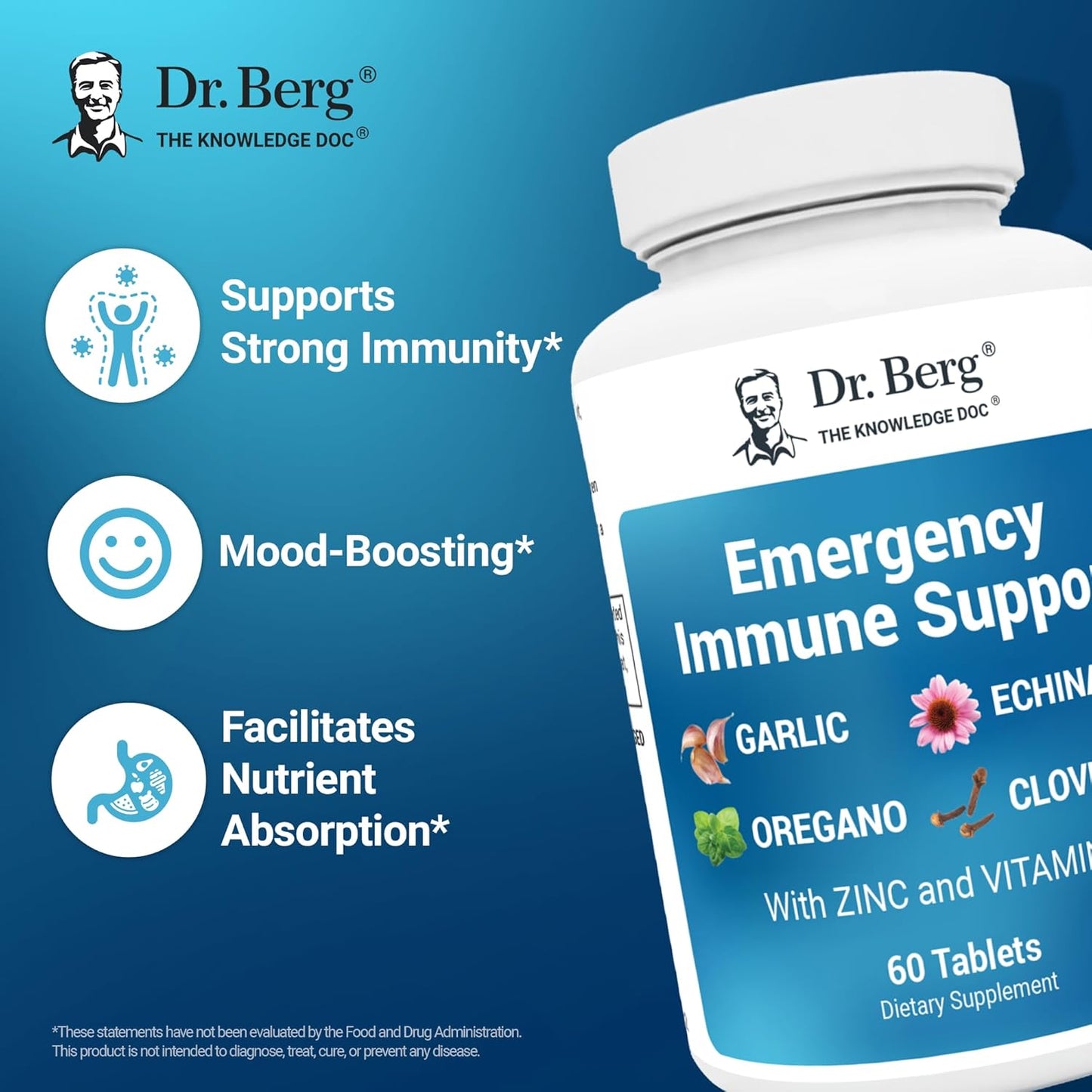 Dr. Berg Emergency Immune Support W/Echinacea - Potent Blend of Herbal Extracts (Warning: Strong Herbal Smells) - Immune Support Supplement Includes 2,000 Ius of Vitamin D & 10Mg of Zinc - 60 Tablets TLBH
