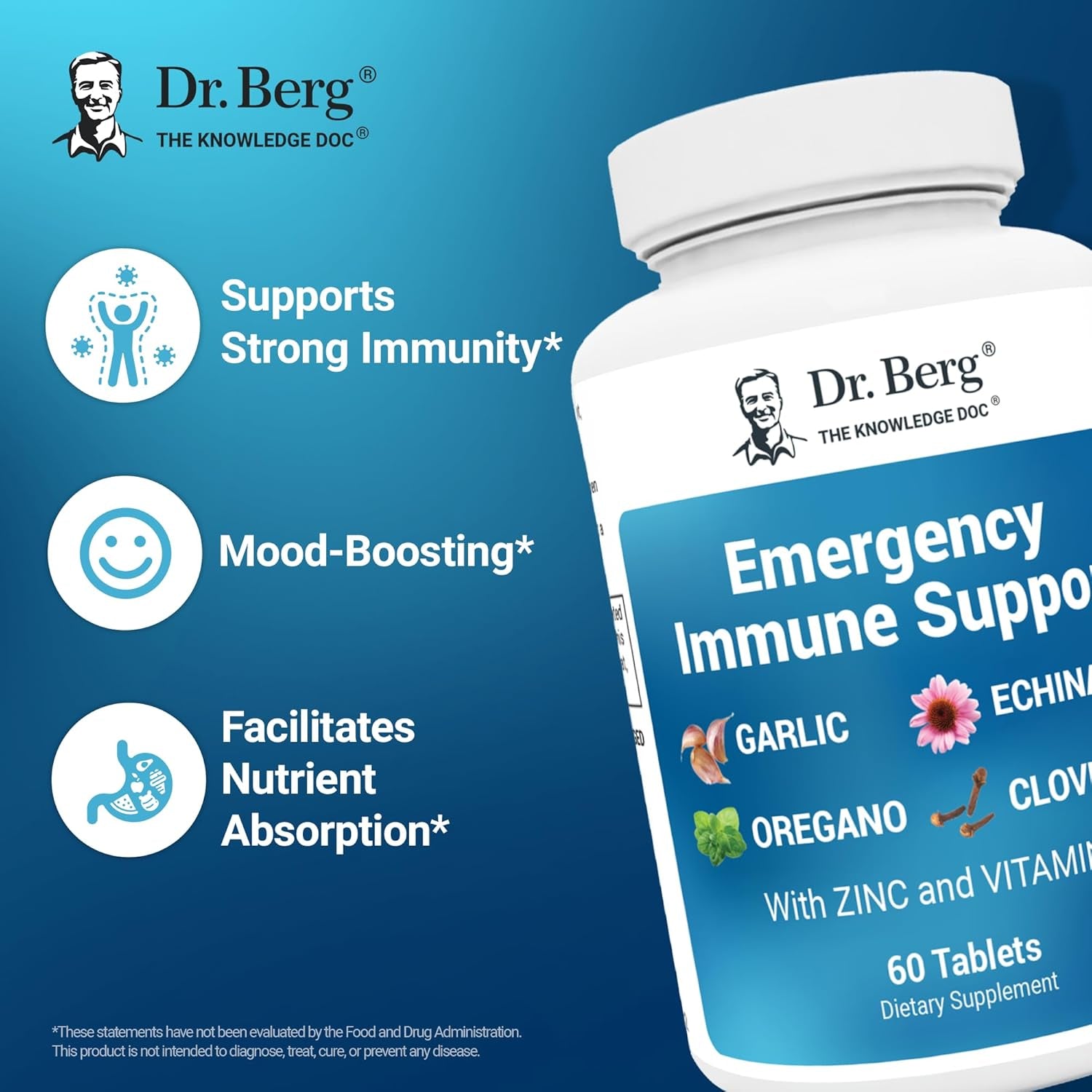 Dr. Berg Emergency Immune Support W/Echinacea - Potent Blend of Herbal Extracts (Warning: Strong Herbal Smells) - Immune Support Supplement Includes 2,000 Ius of Vitamin D & 10Mg of Zinc - 60 Tablets TLBH