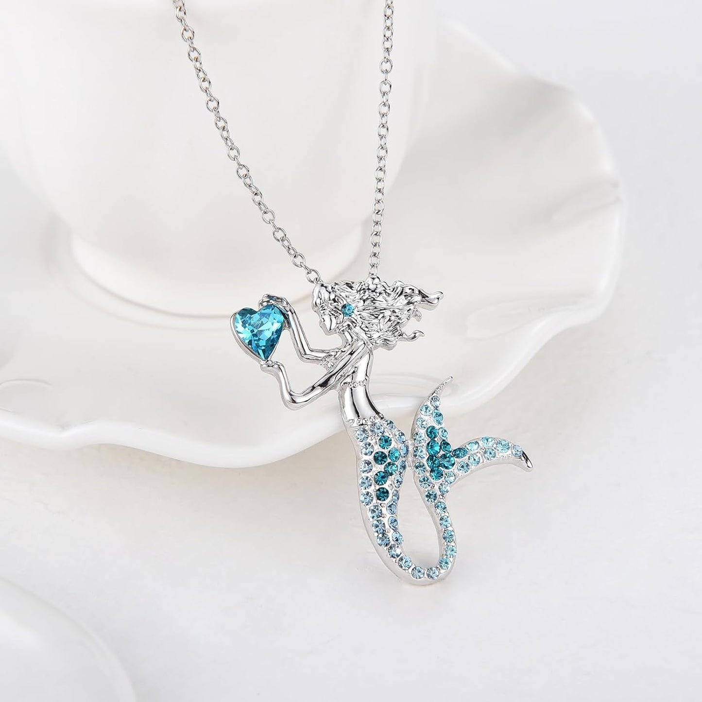 Fashion Mermaid Birthstone Necklace Jewelry White Gold Plated Austrian Crystal Pendant Gifts for Women