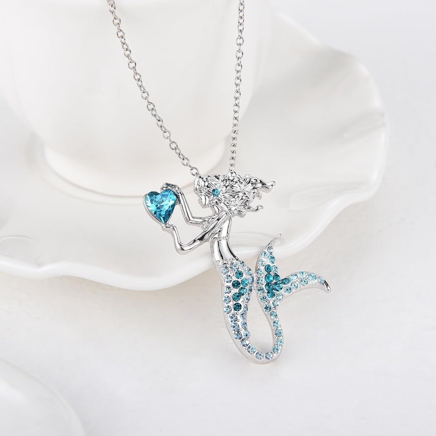 Fashion Mermaid Birthstone Necklace Jewelry White Gold Plated Austrian Crystal Pendant Gifts for Women