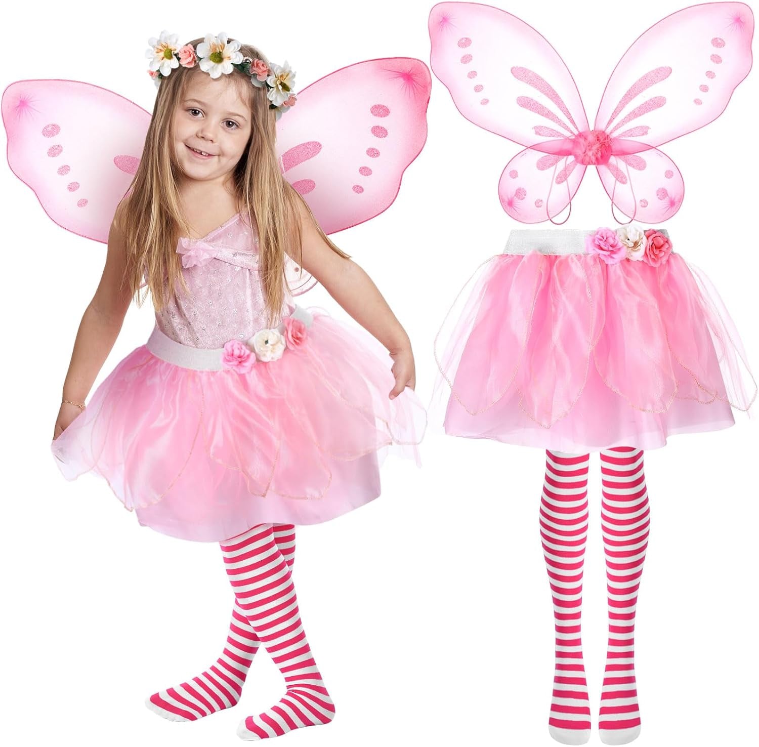 4 Pcs Halloween Girls Costume Includes Wings Tutu Headband Striped Tights for Kids Toddler Halloween