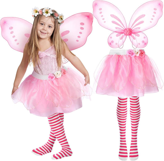 4 Pcs Halloween Girls Costume Includes Wings Tutu Headband Striped Tights for Kids Toddler Halloween