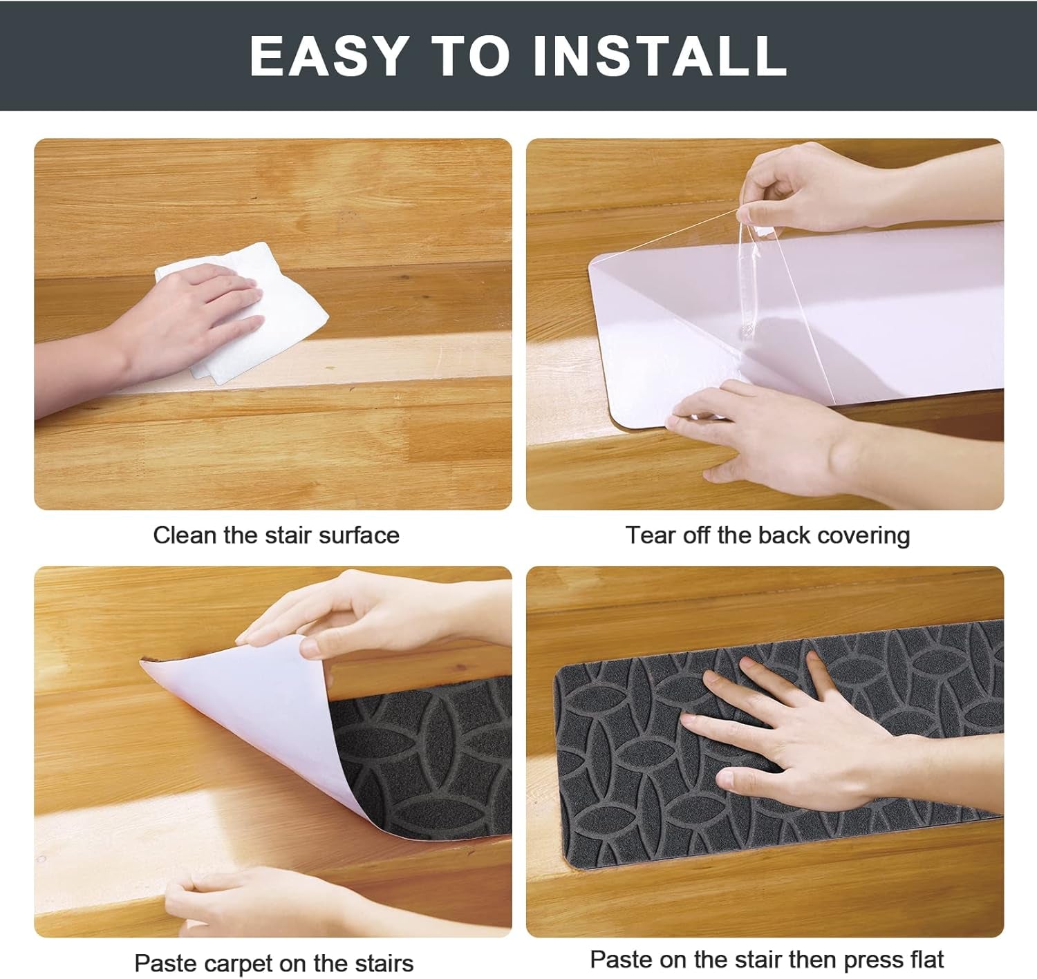 Stair Treads Non-Slip for Wooden Steps 8''X30 15Pcs in Pack Carpet Step Mats Indoor for Kids Elders Pets, Reusable Safety Staircase for Wooden Steps, Grey