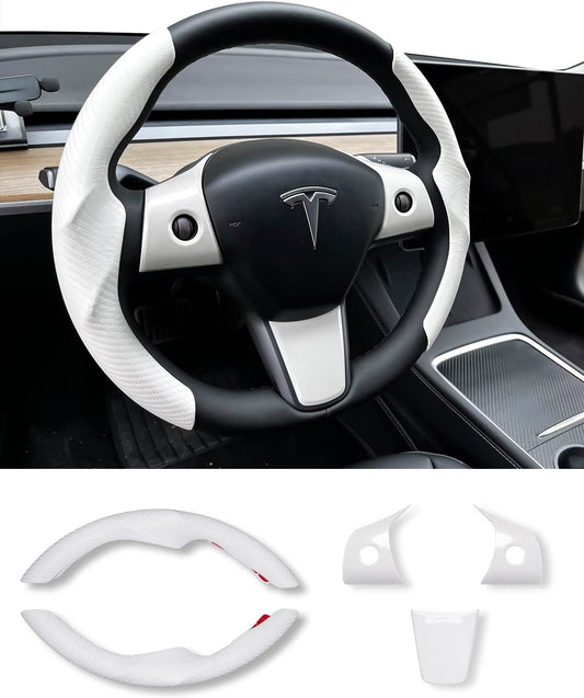 Tesla Model 3 / Y Steering Wheel Cover, Carbon Fiber Tesla Steering Wheel Protector Cover & ABS Steering Wheel Wrap Kit for 2016-2024 Tesla Model 3 / Y Accessories White, Gifts for Tesla Owners