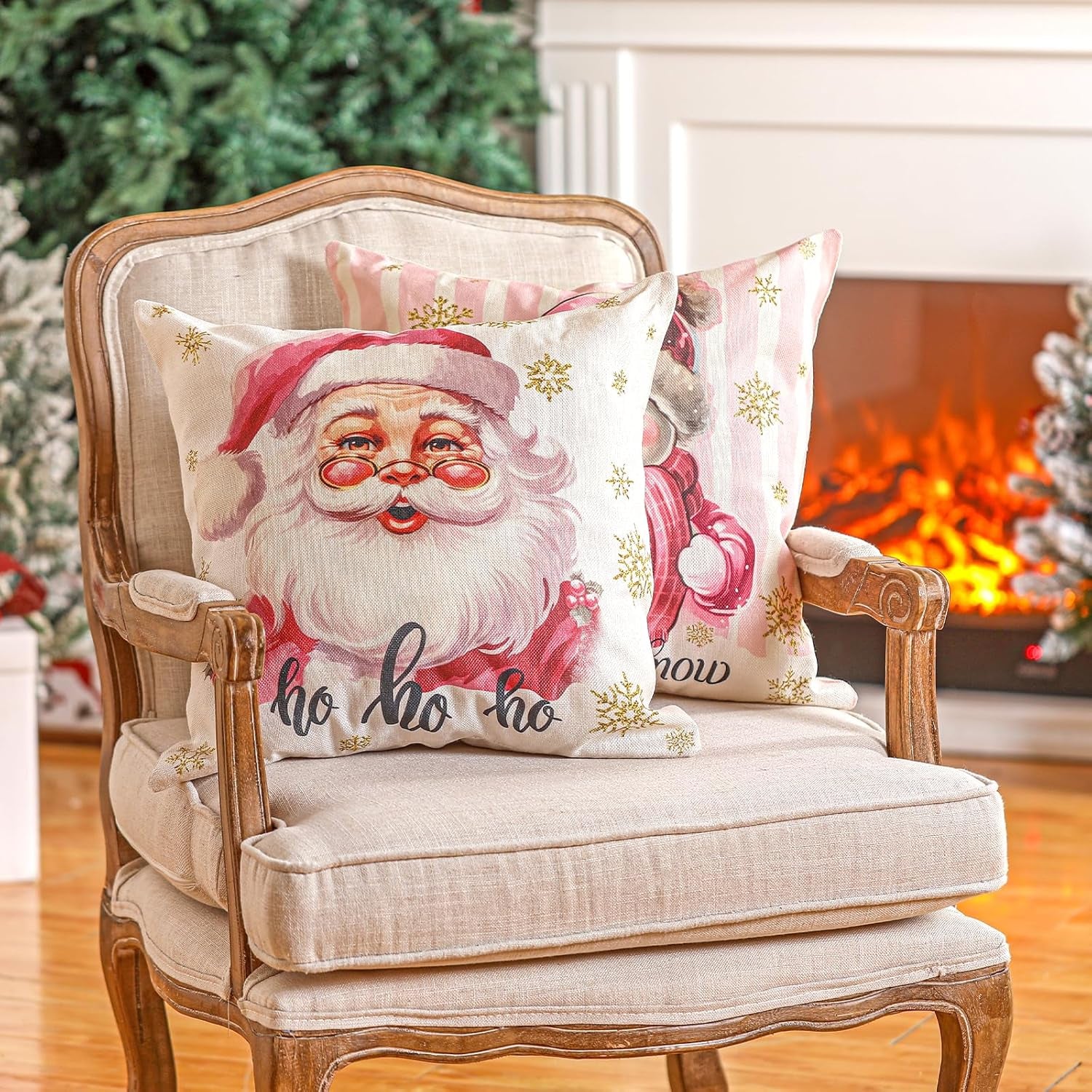 8 Pcs Pink Christmas Pillow Covers 18 X 18 Inch Pink Santa Christmas Tree Sleigh Snowman Gift Throw Pillow Covers Linen Pillowcase Pink Decorations Throw Pillow Covers Decor for Sofa Couch
