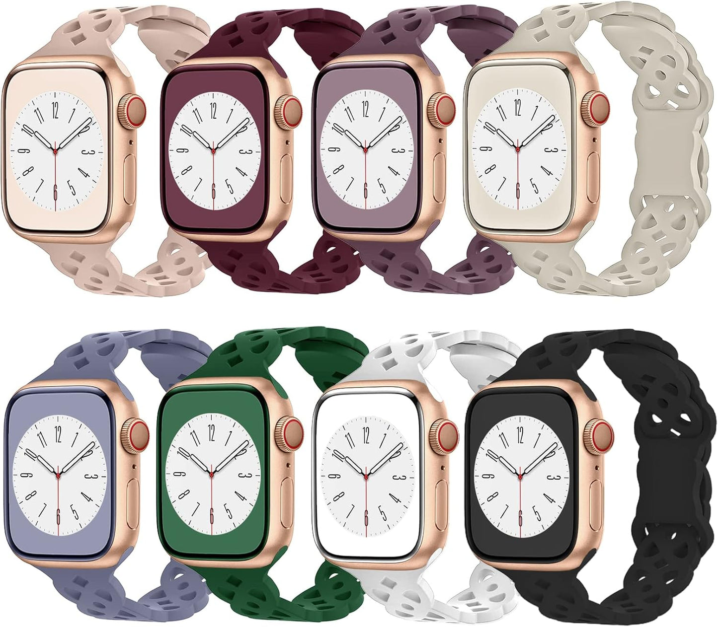 8 Pack Lace Watch Band Compatible for Apple Watch Band 38Mm 40Mm 41Mm 42Mm 44Mm 45Mm 49Mm,Soft Silicone Hollow-Out Breathable Waterproof Sport Watch Band Compatible with Iwatch Apple Watch Series Ultra 8 7 6 5 4 3 2 1 SE Women Men