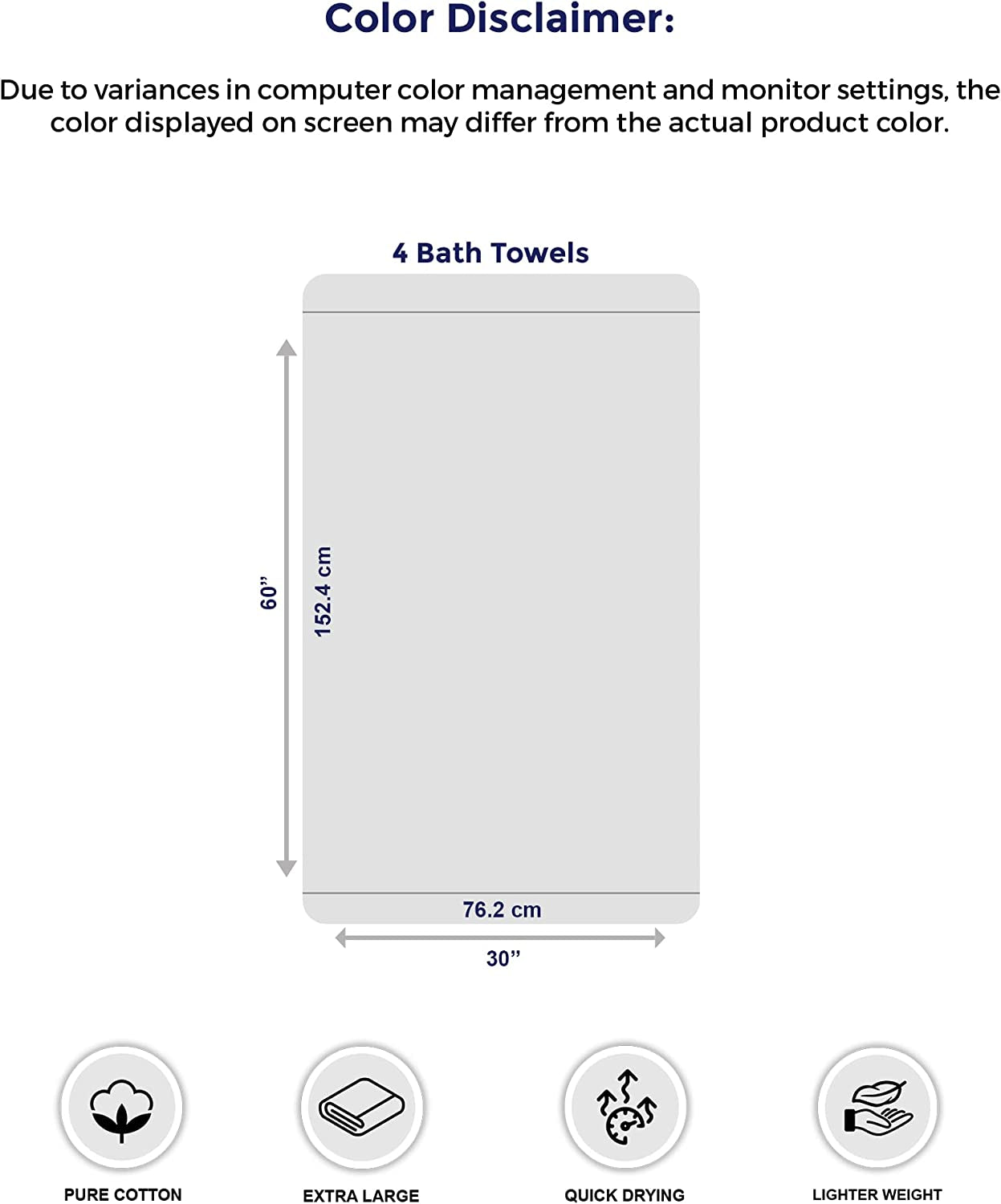 Pack of 4 Extra Large Bath Towels 30 X 60 Inches, 100% Cotton, Larger & Lighter, Quicker to Dry, Lighter Weight, Super Soft and Absorbent, Perfect Bathroom Towels (Dark Grey)