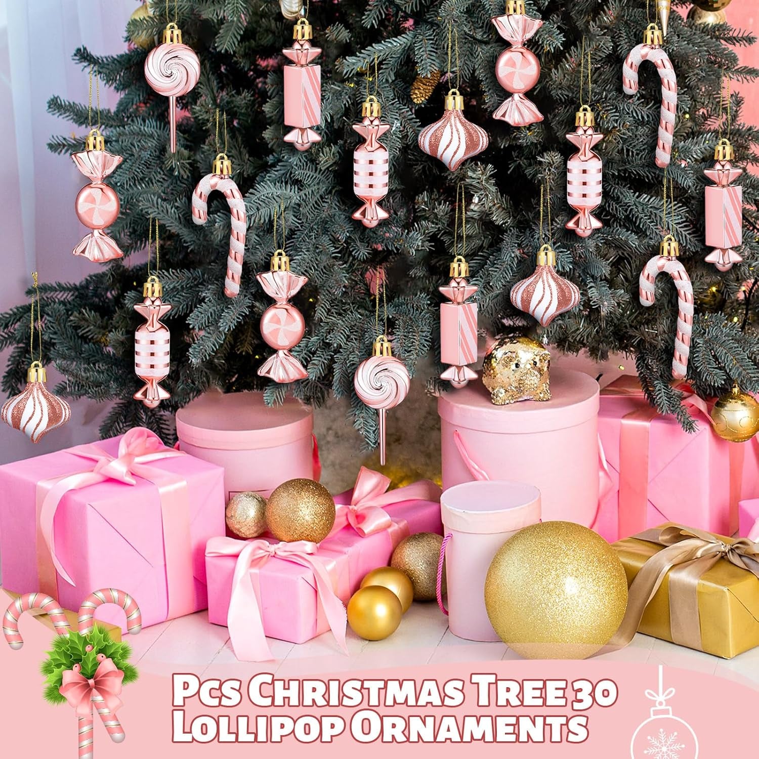 30 Pcs Christmas Candy Ornaments Peppermint Candy Cane Christmas Decorations Plastic Lollipop Christmas Hanging Ornaments with Rope for Xmas Holiday Party Supplies(Pink White)