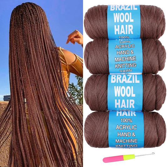 4Pcs Brown Brazilian Wool Hair for Braids Acrylic Hand Knitting Yarn for Hair Braiding Hair Extension Faux Locs African Crochet Braid(#30)