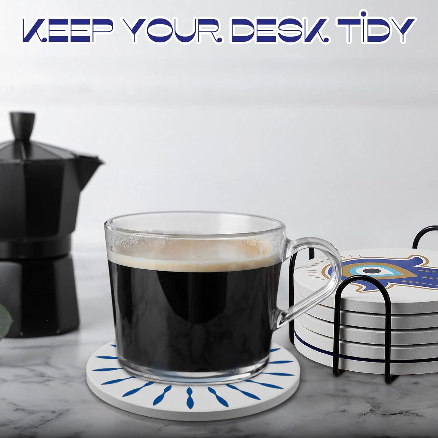 Set of 6 Ceramic Evil Eye Coasters with Coaster Holder Evil Eye Blue Coasters for Drinks round Absorbent Cup Mat with Cork Base for Home Table Decor Desk Kitchen Accessories, 4 Inch