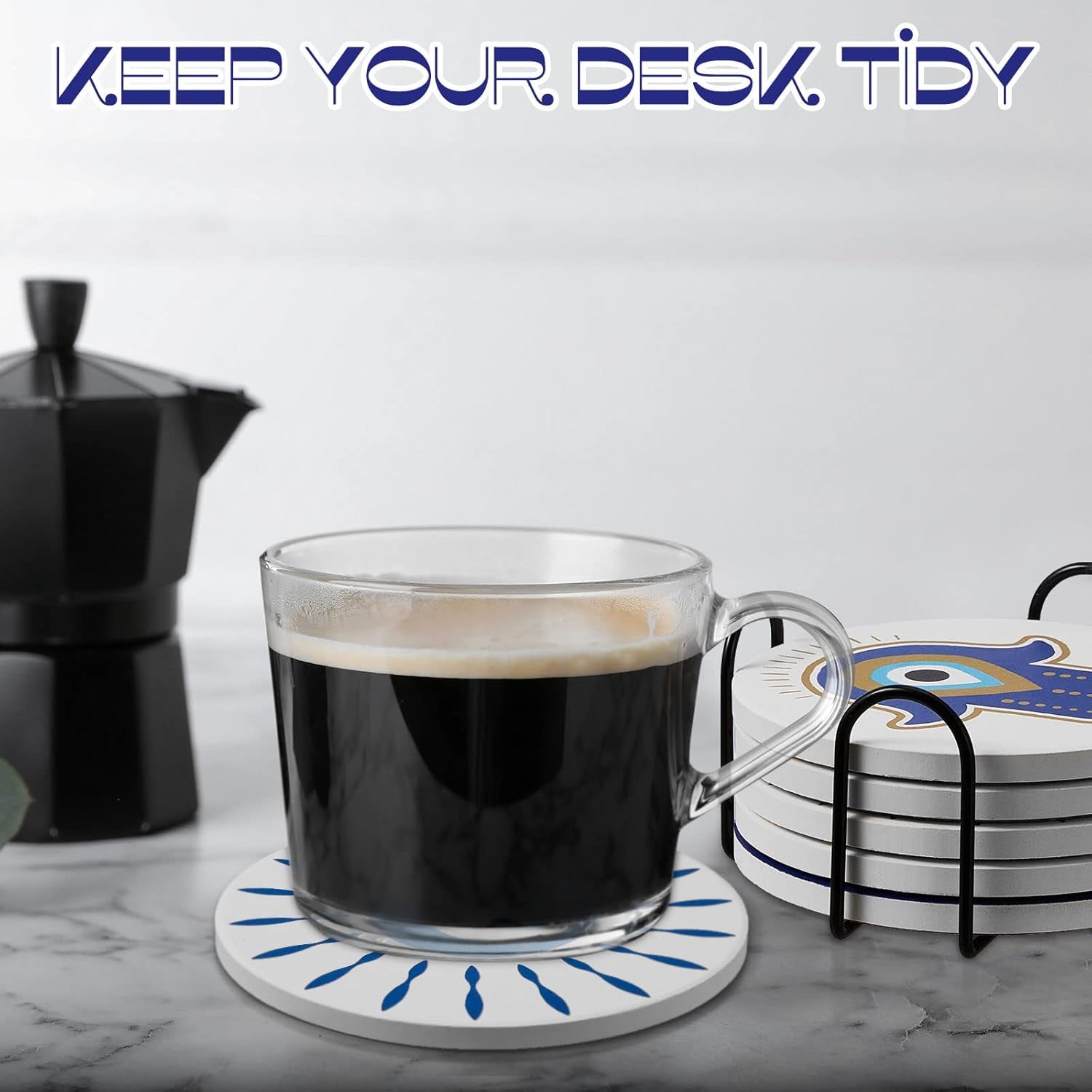 Set of 6 Ceramic Evil Eye Coasters with Coaster Holder Evil Eye Blue Coasters for Drinks round Absorbent Cup Mat with Cork Base for Home Table Decor Desk Kitchen Accessories, 4 Inch