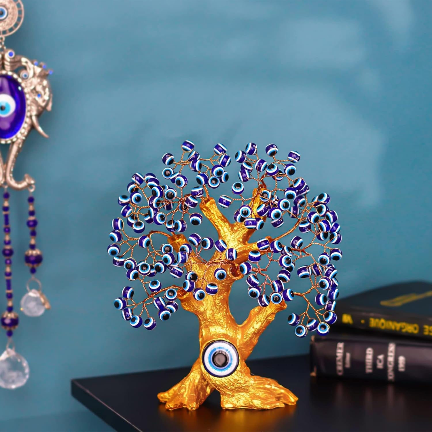 8'' Turkish Blue Evil Eye Tree Golden Feng Shui Decor Protection Money Fortune Tree Good Luck Gift