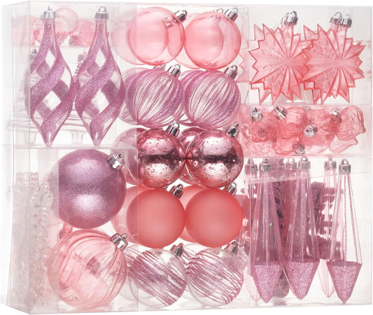 Decorbyhannah Pink Christmas Ornaments Set,100Ct Clear Christmas Tree Ornaments Decorations,Shatterproof Assorted Plastic Ball Ornaments for Christmas Tree for Xmas,Valentine,Wedding,Spring