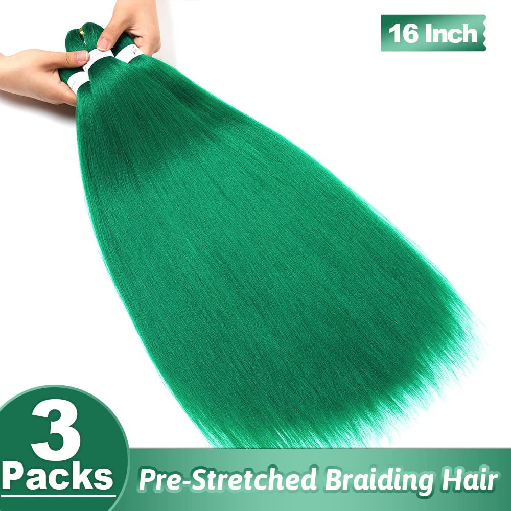 Green Braiding Hair Extensions 16 Inch Pre Stretched Braiding Hair Hot Water Setting Synthetic Hair Pre Stretched Crochet Braids Hair(16 Inch,3 Packs,Green#）